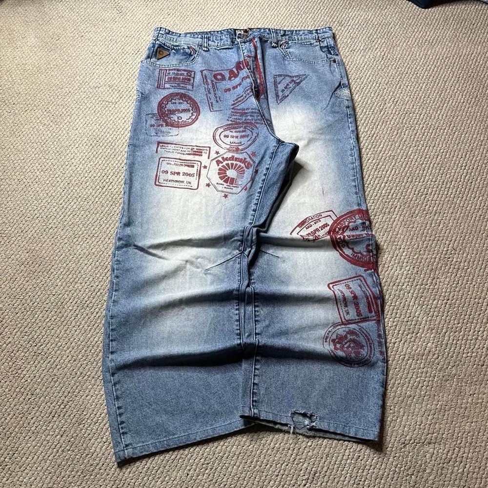 Y2K Vintage 2000s skater Grunge Super Baggy Akademiks all over print Denim Jeans